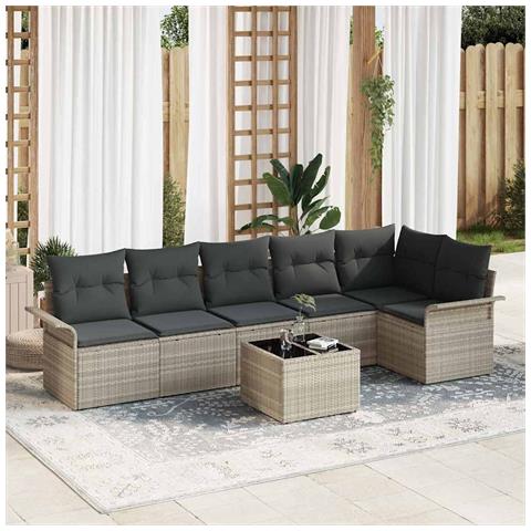 Set di divano da giardino 7 pezzi con cuscini grigio in rattan sintetico, Divano da giardino 2 posti con ripostiglio e cuscini grigio chiaro in rattan sintetico - Foto 2