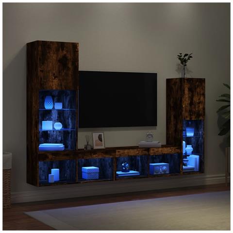 Mobili TV a Muro con LED 4pz Rovere Fumo in Legno Multistrato - Foto 2