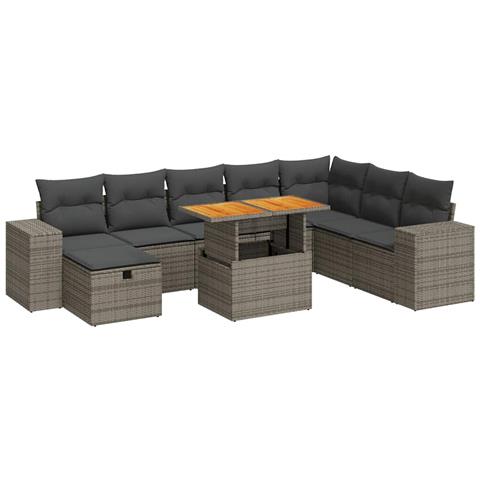 Set Divano da Giardino 9pz con Cuscini Grigio Polyrattan Acacia - Foto 1