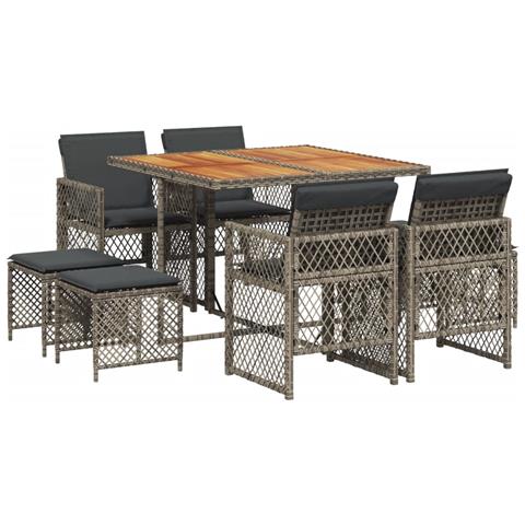 Set da Pranzo da Giardino 9 pz con Cuscini in Polyrattan Grigio - Foto 1