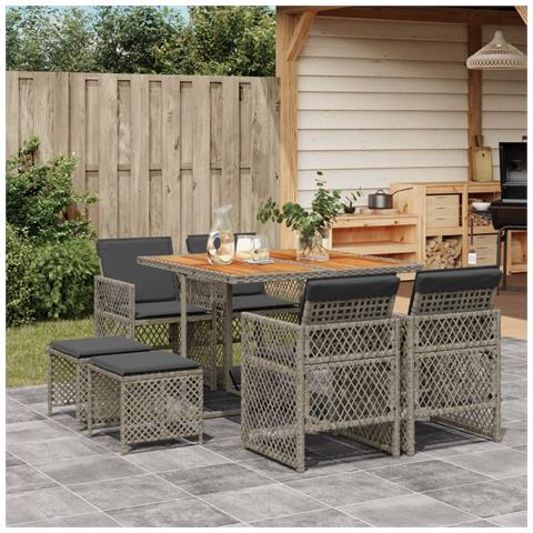 Set da Pranzo da Giardino 9 pz con Cuscini in Polyrattan Grigio - Foto 2
