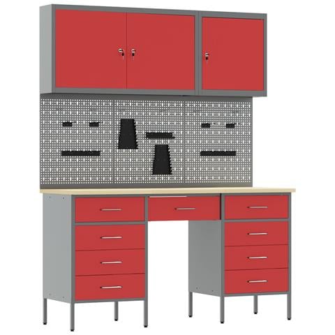 Set di armadi e pannello attrezzi da 8 pezzi  rosso in MDF e metallo - Foto 1