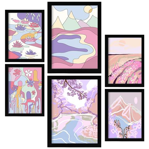 Set Di 6 Stampe Natura Indisturbata In Paesaggi Astratti, Dipinti Decorativi Estetici Per Il Tuo Soggiorno A Casa A3 & A4 Cornice Nera - Foto 1