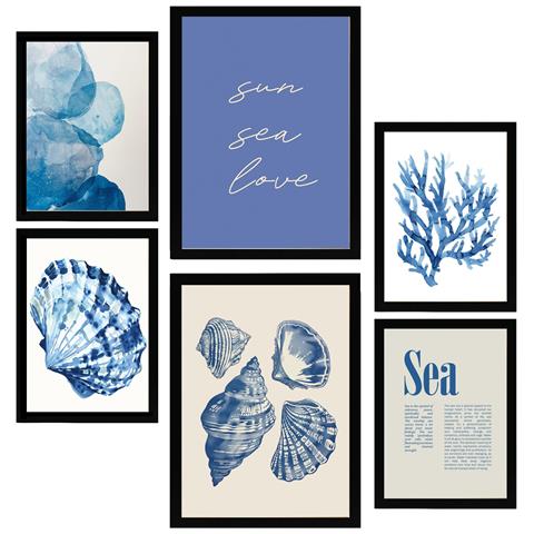 Set Di 6 Stampe Dipinto Decorativo Blu Navy, Estate, Mare, Incorniciato Con Illustrazioni Di Design Per La Decorazione Murale A3 & A4 Cornice Nera - Foto 1
