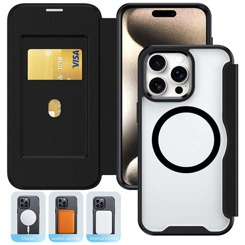 Custodia A Portafoglio Magnetica In Pelle Pu Nera Compatibile Con Iphone 16 - Blocco Rfid E Porta Carte - Foto 1