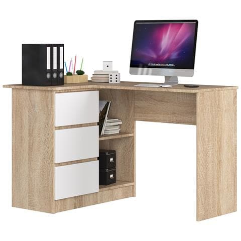 Scrivania ad angolo B16 sinistro, 3 cassetti, 124x85x77 cm, Colore Sonoma Quercia e Bianco - Foto 1