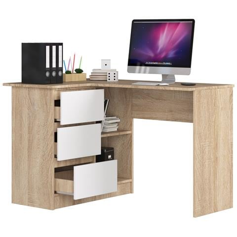Scrivania ad angolo B16 sinistro, 3 cassetti, 124x85x77 cm, Colore Sonoma Quercia e Bianco - Foto 2
