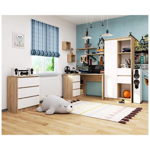 Scrivania ad angolo B16 sinistro, 3 cassetti, 124x85x77 cm, Colore Sonoma Quercia e Bianco - Foto 7