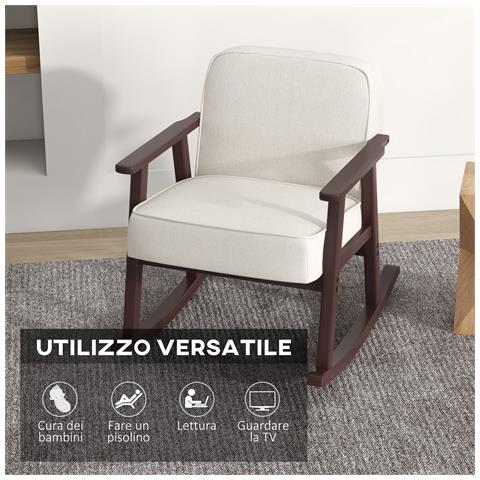 Poltrona a Dondolo in Tessuto Effetto Lino e Legno con Braccioli e Cuscini, 66x78x76 cm, Beige e Marrone - Foto 2