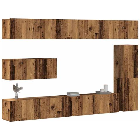 Set Mobile Tv 7 Pz Montato A Parete Legno Antico In Truciolato - Foto 1
