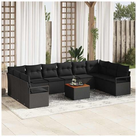 Set Divano da Giardino 11 Pezzi con Cuscini Polyrattan Nero Acacia, Divano da Giardino 2 Posti con Cuscini Polyrattan Nero - Foto 2