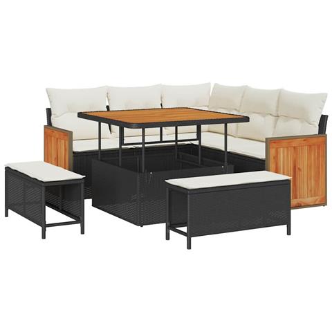 Set Divano Giardino a 8 Pezzi con Cuscini Nero Vimini Acacia, Set Tavolo da Pranzo Giardino a 3 Pezzi con Cuscini Nero Vimini Acacia - Foto 1