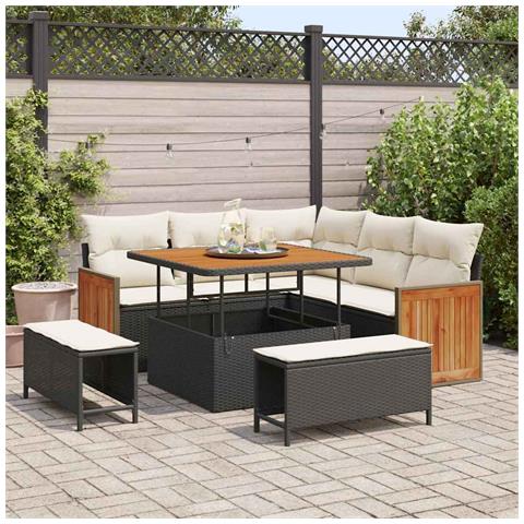 Set Divano Giardino a 8 Pezzi con Cuscini Nero Vimini Acacia, Set Tavolo da Pranzo Giardino a 3 Pezzi con Cuscini Nero Vimini Acacia - Foto 2