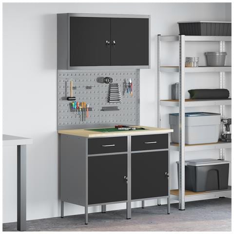 Set di 5 pezzi di armadio da lavoro e pannello forato MDF e metallo nero - Foto 2