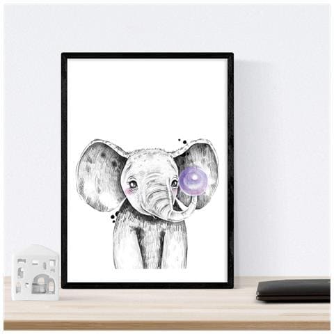Set Di 6 Stampe Animali Bambini Con Gomma Da Masticare Cervo Maiale Elefante Zorro Orso Cane A3 Cornice Nera - Foto 6