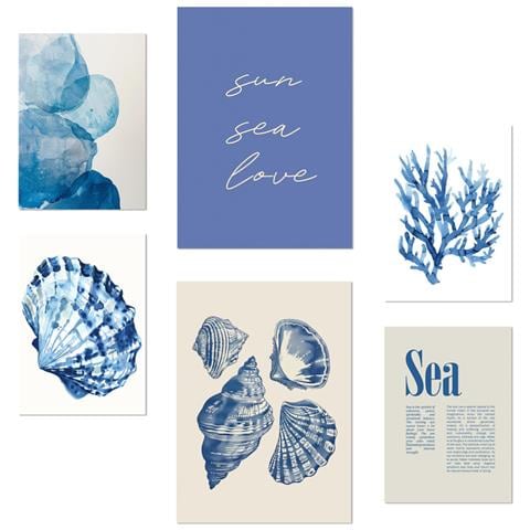 Set Di 6 Stampe Illustrazioni Di Design Blu Navy, Blu, Mare, Estate Per Decorare Le Pareti Delle Stanze Della Tua Casa A3 & A4 Senza Cornice - Foto 1