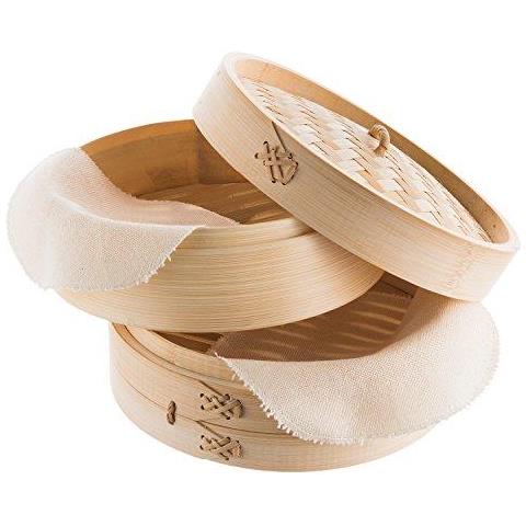 Bamboo Steamer 20 Cm (25 Centimetri Disponibile) E 2 Livelli Incl. 2 Panni Di Cotone - Cucina Tradizionale Per Il Riso Dim Sum Verdura Carne E Pesce Per 2 Persone - Foto 1