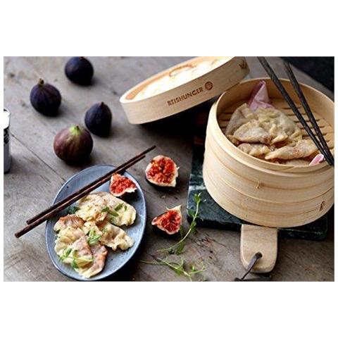 Bamboo Steamer 20 Cm (25 Centimetri Disponibile) E 2 Livelli Incl. 2 Panni Di Cotone - Cucina Tradizionale Per Il Riso Dim Sum Verdura Carne E Pesce Per 2 Persone - Foto 4