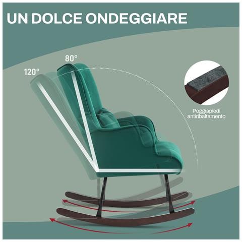 Poltrona a Dondolo in Velluto con Schienale Alto a Bottoni, Cuscino e Braccioli, Verde - Foto 2