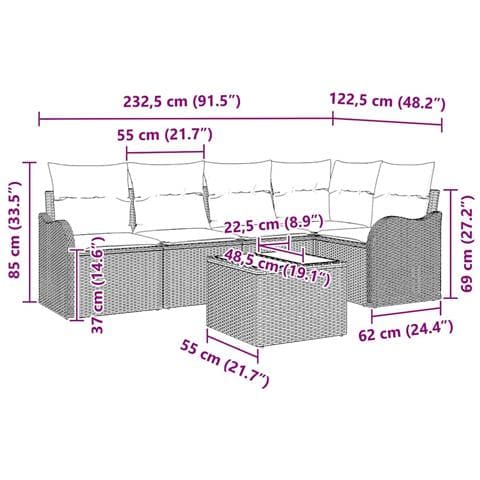 Set di 6 pezzi di divano da giardino con cuscini in rattan poliestere nero, Divano da giardino a 2 posti con cuscini in rattan poliestere beige - Foto 9