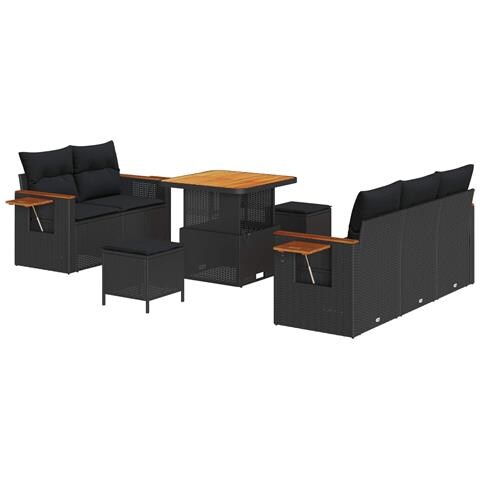 Set Divano Giardino a 8 Pezzi con Cuscini Polyrattan Nero Acacia,  Set da Pranzo Giardino a 3 Pezzi con Cuscini Polyrattan Nero Acacia - Foto 1