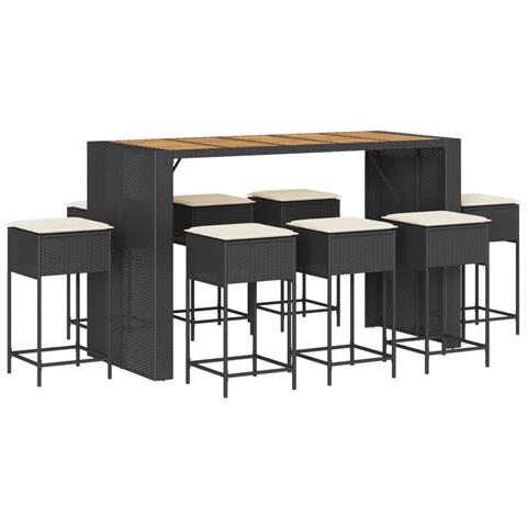 Set Bar da Giardino 9 pz con Cuscini in Polyrattan Nero - Foto 1