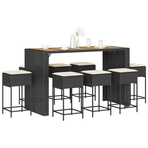 Set Bar da Giardino 9 pz con Cuscini in Polyrattan Nero - Foto 2