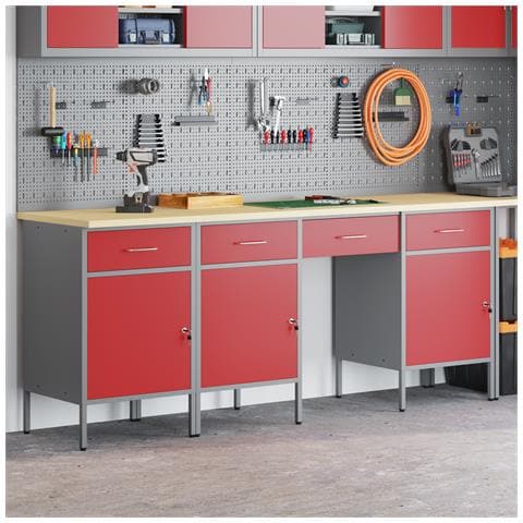 Set da Tavolo e Armadietto da Lavoro in 4 Pezzi Rosso in Legno Ingegnerizzato e Acciaio - Foto 2