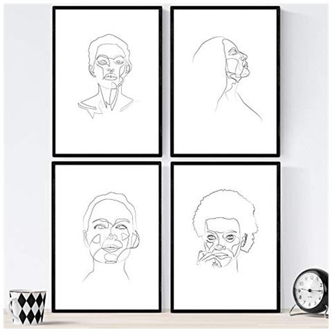 Set Di 4 Stampe Lamini Di Disegni E Schizzi A Una Linea Volti Donne 5 Poster Nordico Dei Volti Nudi Corpi Al Naturale Tavolo Senza Cornice A4 - Foto 1