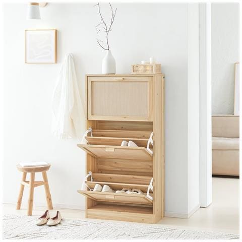 Scarpiera Slim Da Ingresso Con 3 Ante E 6 Ripiani Naturale 60x24x118cm Fsr159-n - Foto 5