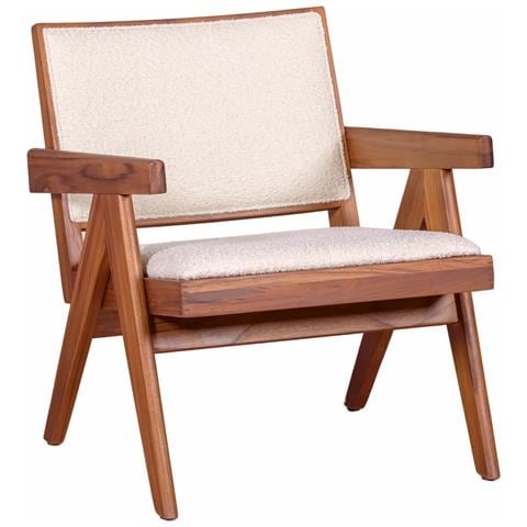 Poltrona Classica Con Braccioli In Legno Di Teak E Tessuto Bouclé - Compass - Foto 1