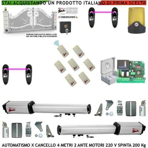 Automatismo Cancello 4 Metri 2 Ante Da 2 Mt Kit Base 2 Motori Elettromeccanici 230 V Corsa 300 Mm Sblocco Spinta 2 Q.l - Foto 1