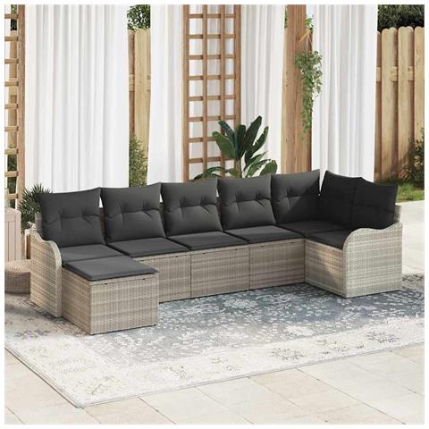 Set di divani da giardino con cuscini  7 pezzi Grigio chiaro Polyrattan, Divano da giardino con cuscini  2 posti Grigio chiaro Polyrattan - Foto 2