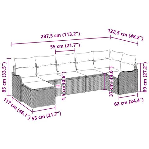 Set di divani da giardino con cuscini  7 pezzi Grigio chiaro Polyrattan, Divano da giardino con cuscini  2 posti Grigio chiaro Polyrattan - Foto 9