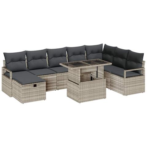 Set Divano Giardino a 9 Pezzi con Cuscini Grigio Chiaro Polyrattan,  Divano Giardino a 2 Posti con Cuscini Grigio Polyrattan - Foto 1
