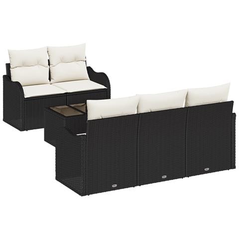 Set di divani da giardino  in 6 pezzi con cuscini in rattan poliestere nero, Divano da giardino a 2 posti  con cuscini in rattan poliestere nero - Foto 1