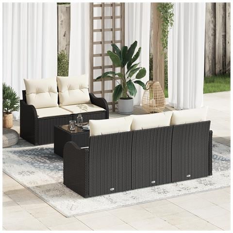 Set di divani da giardino  in 6 pezzi con cuscini in rattan poliestere nero, Divano da giardino a 2 posti  con cuscini in rattan poliestere nero - Foto 2