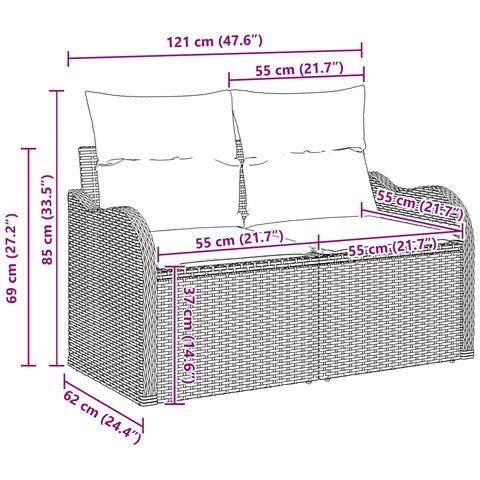 Set di divani da giardino  in 6 pezzi con cuscini in rattan poliestere nero, Divano da giardino a 2 posti  con cuscini in rattan poliestere nero - Foto 9