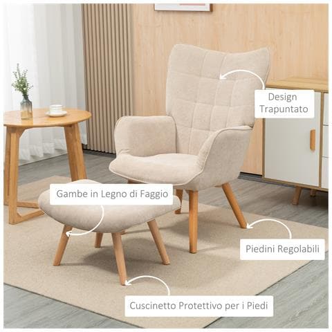 Poltrona Relax con Pouf Poggiapiedi in Velluto a Costine con Schienale Alto e Braccioli, Beige - Foto 2