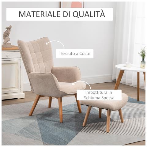 Poltrona Relax con Pouf Poggiapiedi in Velluto a Costine con Schienale Alto e Braccioli, Beige - Foto 6