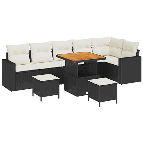Set 9 Pezzi Divano Giardino con Cuscini Nero Polirattan Acacia, Set 3 Pezzi Divano Giardino con Cuscini Nero Polirattan Acacia - Foto 1