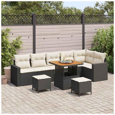 Set 9 Pezzi Divano Giardino con Cuscini Nero Polirattan Acacia, Set 3 Pezzi Divano Giardino con Cuscini Nero Polirattan Acacia - Foto 2