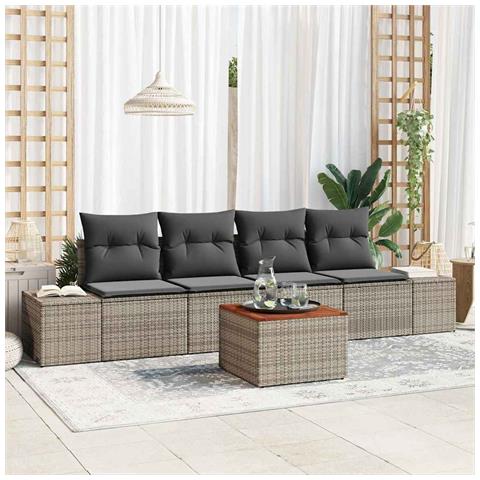 Set di divani da giardino 5 pezzi con cuscini grigi in polirattan e acacia - Foto 2