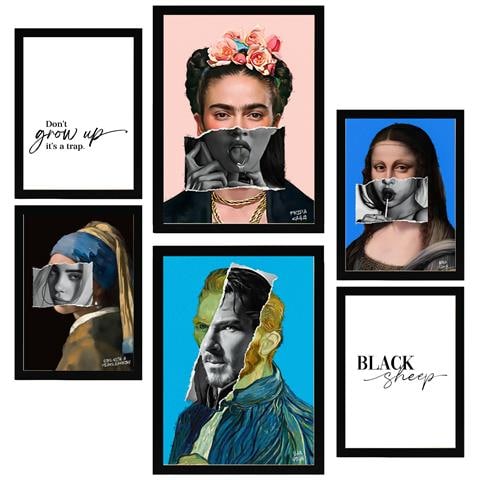 Set Di 6 Stampe Iconico Collage Pop Art Di Frida Van Gogh Incorniciato Con Illustrazioni Di Design Per La Casa, Negozio, Pittura A3 & A4 Cornice Nera - Foto 1