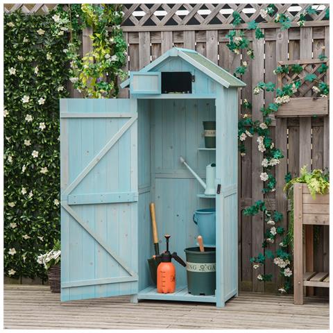 Casetta Da Giardino Porta Attrezzi In Legno Con 3 Ripiani, 77x54.2x179cm, Blu - Foto 2