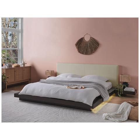 Letto Matrimoniale Led Ecopelle E Legno Scuro 180 X 200 Cm Zen - Foto 1