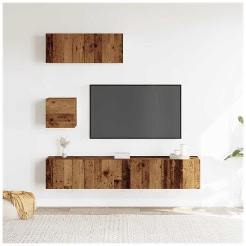 Set Mobile Tv 4 Pz Montato A Parete Legno Antico In Truciolato - Foto 3