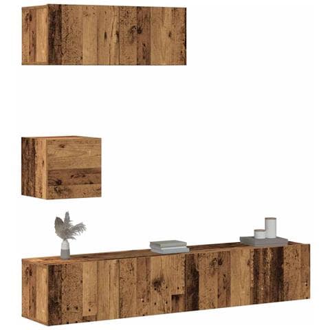 Set Mobile Tv 4 Pz Montato A Parete Legno Antico In Truciolato - Foto 1