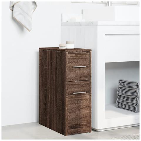 Armadietto Da Bagno Stretto Con Ruote Rovere Marrone Truciolato - Foto 3