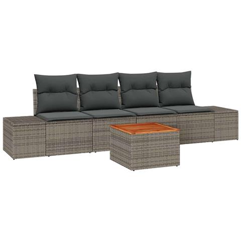Set di divani da giardino 5 pezzi con cuscini grigi in polyrattan Acacia - Foto 1